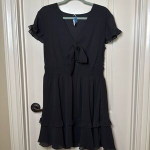 NWT Large Black Dress Semi Sheer Lined Waist Smocked Front keyhole and Bow